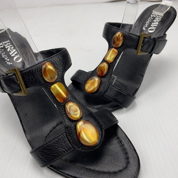 BROWNS Bravo Sultan Y2K Black Leather Jewels T-Strap Sandals Size 7M - Picture 4 of 9